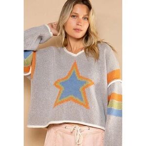 Pol Colorful Stars Stripes Women's Sweater Oversized Medium M Striped cropped